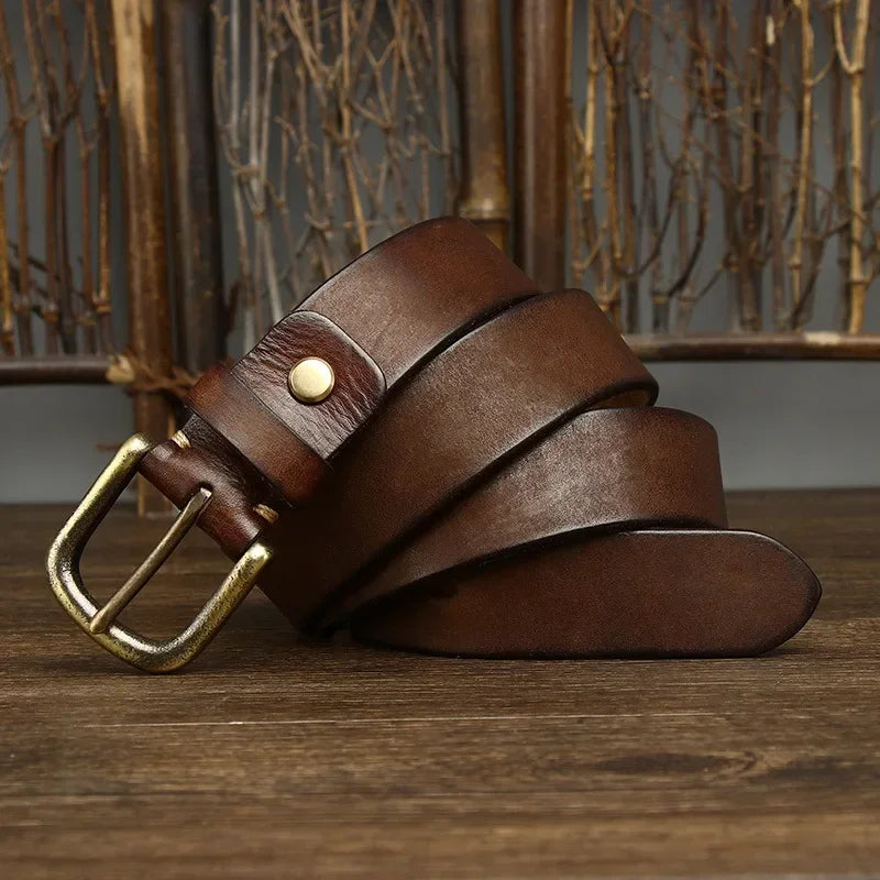 3.3CM Genuine Leather Belt Men Luxury Strap Male Fashion Pure Cowhide Copper Buckle Wild Classic Retro Pin Buckle High Quality