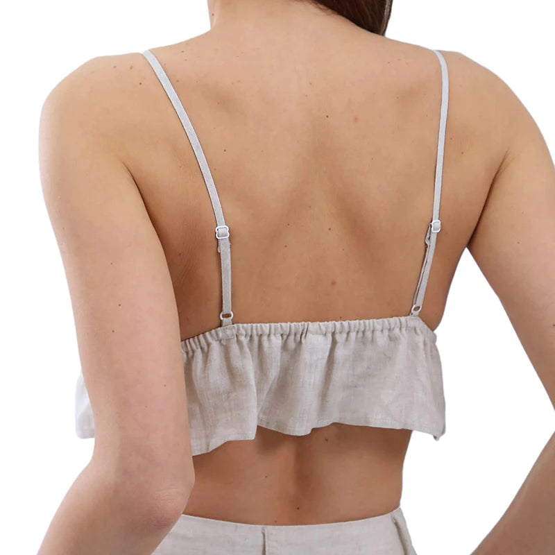 100% Linen White Top For Women Sexy Sleeveless Ruffles Summer Holiday Beach Crop Top Female Cute Tops Haut Femme