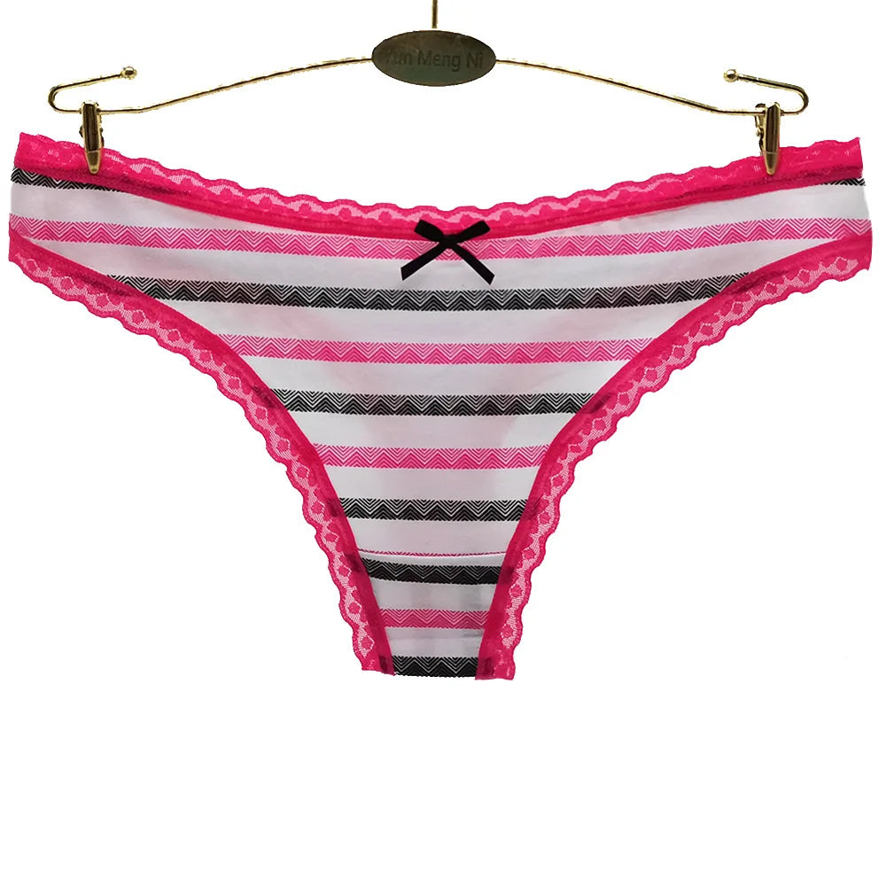 Sexy Thongs Cotton Basic Underwear Women Low Waisted Striped Lace T-back G-strings Panties Ladies Knickers 5 pcs/Lot