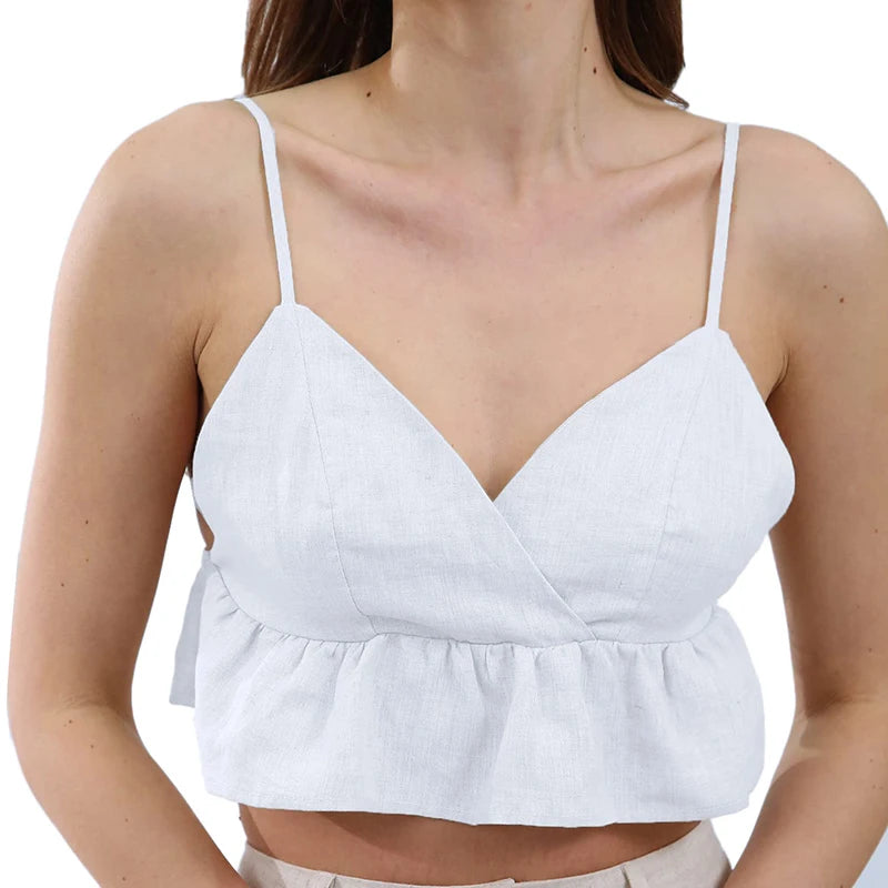 100% Linen White Top For Women Sexy Sleeveless Ruffles Summer Holiday Beach Crop Top Female Cute Tops Haut Femme