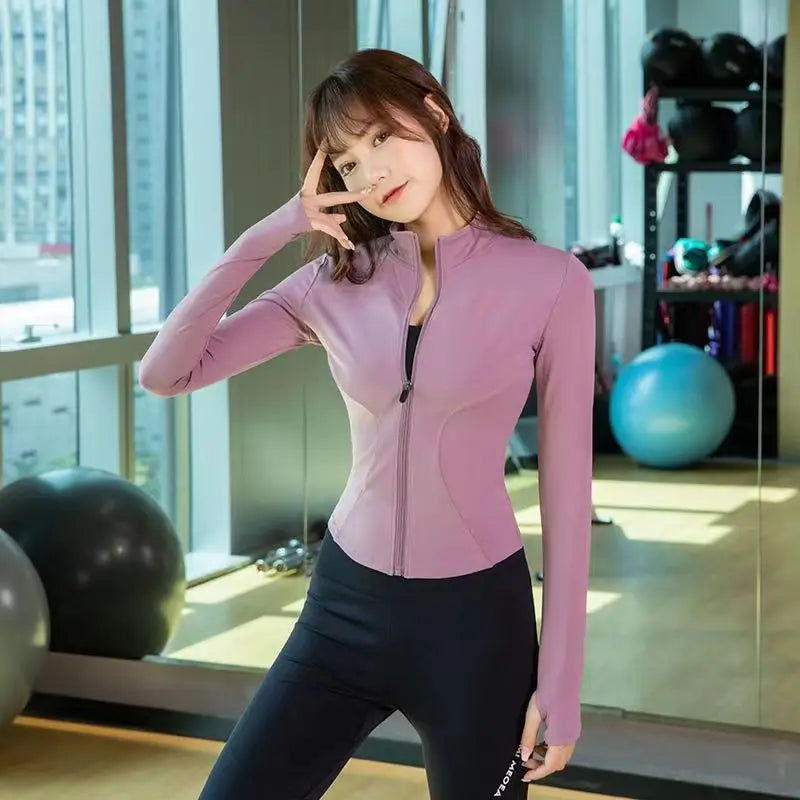 Women's Long Sleeves Sports Running Shirt Breathable Gym Workout Top Women's Yoga Jackets with Zipper with Finger Holes
