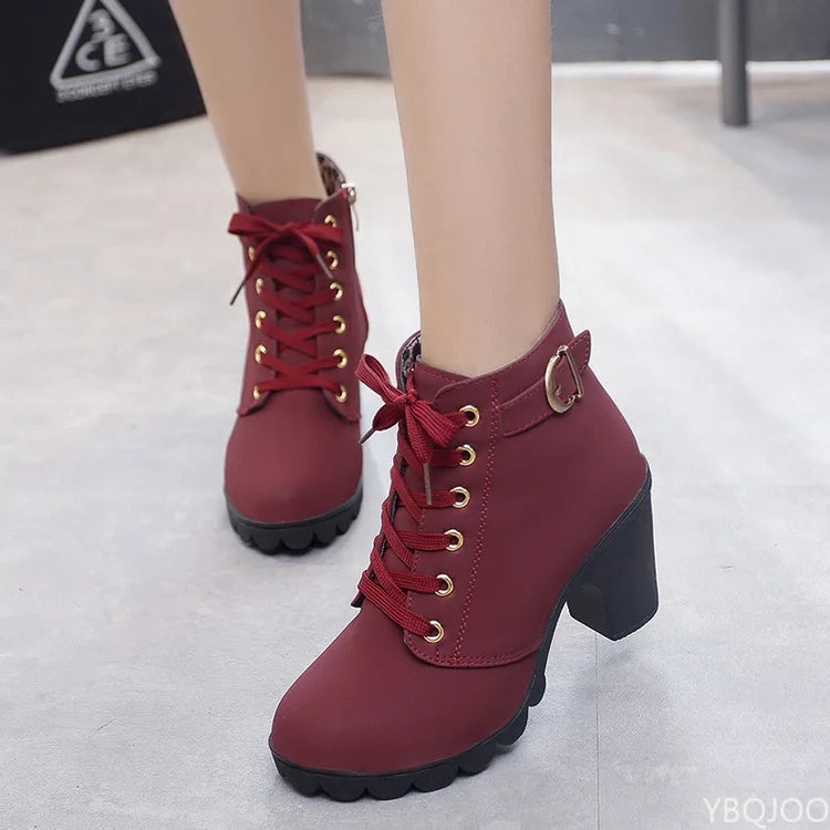Women's Ankle Boots Autumn High Heel Belt Buckle Shoes Women Lace Up Platform Boots Women Boots 42 Botas De Mujerv
