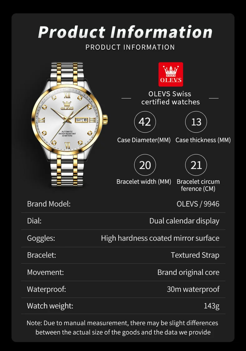 OLEVS 9946 Luxury Men's Watch Classic Brand Automatic Mechanical Watch High Quality Diamond Waterproof Luminous Date Men Watch