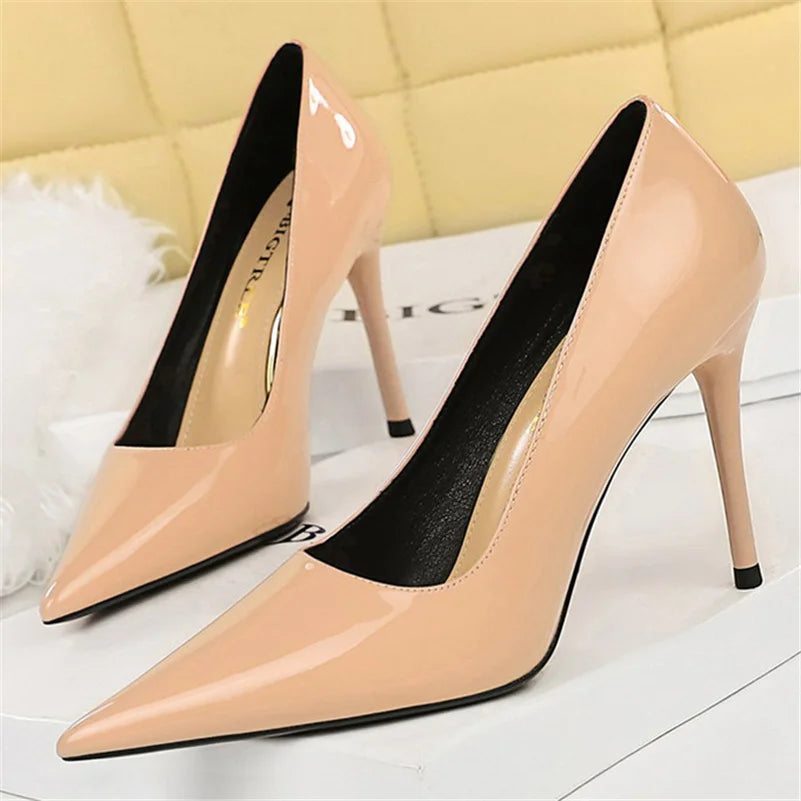 Women 10cm High Heels Nude Pumps Wedding Bridal Stiletto Wedding Sexy Wine Red Heels Lady Scarpins Office Party Shoes