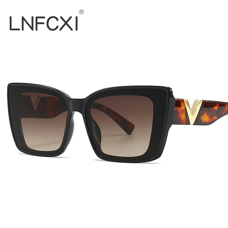 LNFCXI Fashion Cat Eye Sunglasses Vintage Luxury Brand Designer Black Oversized Ladies Sunglasses Square Eyewear UV400