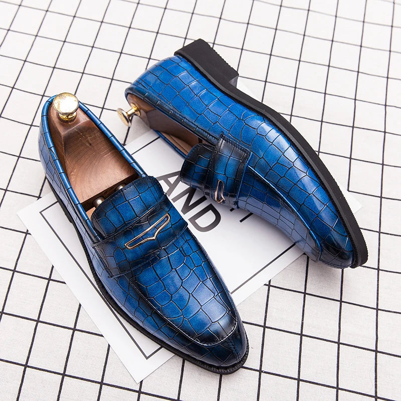 shoes men leather original Italian Classic Blue penny loafer shoes Red Dress Shoes Wedding Shoes Men Formal Flats big size:38-48