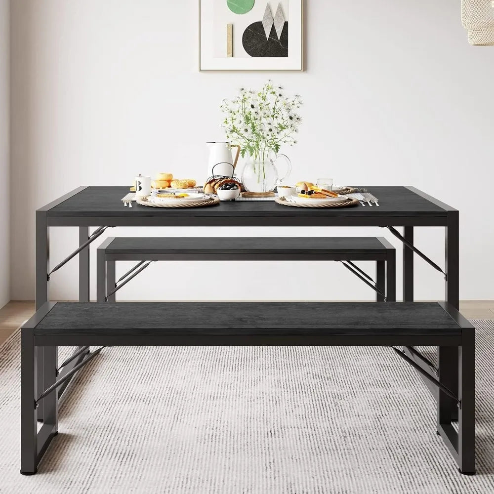 45.5" Dining Table Set for 4, Kitchen Table Set with 2 Benches, Dining Room Table Set with Metal Frame & MDF Board