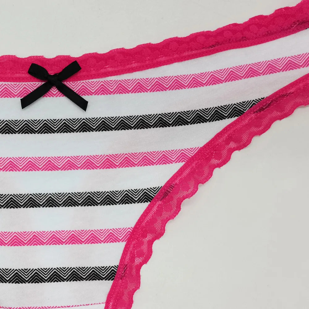 Sexy Thongs Cotton Basic Underwear Women Low Waisted Striped Lace T-back G-strings Panties Ladies Knickers 5 pcs/Lot