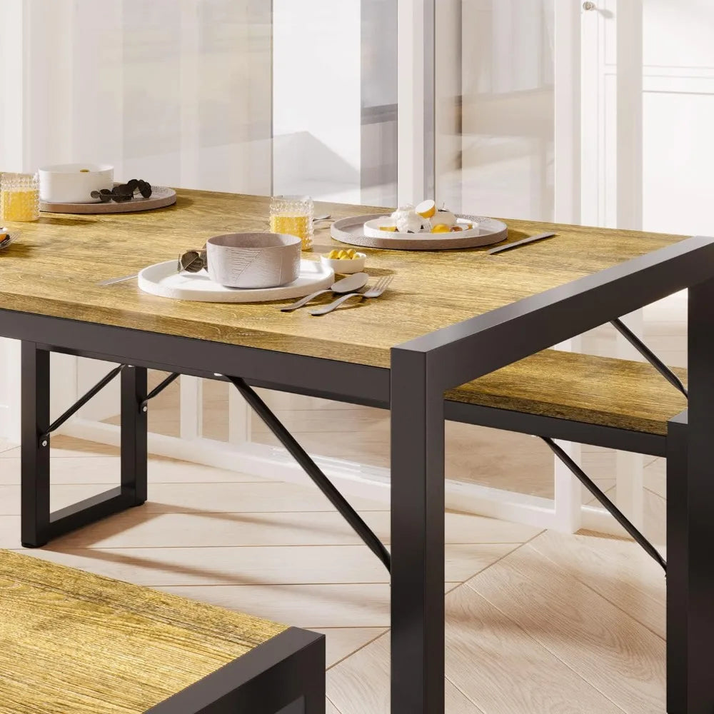45.5" Dining Table Set for 4, Kitchen Table Set with 2 Benches, Dining Room Table Set with Metal Frame & MDF Board