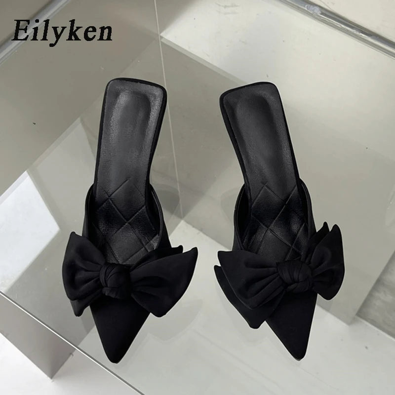 Eilyken Autumn Big Butterfly-knot Women Slippers Sandals Shallow Pointed Toe Mules High Heel Pumps Ladies Shoes
