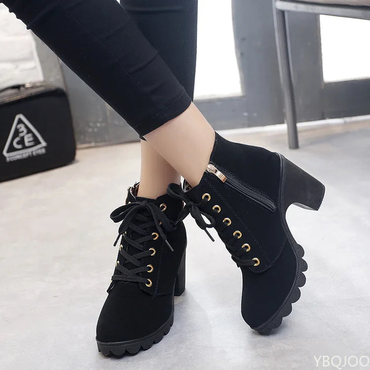 Women's Ankle Boots Autumn High Heel Belt Buckle Shoes Women Lace Up Platform Boots Women Boots 42 Botas De Mujerv