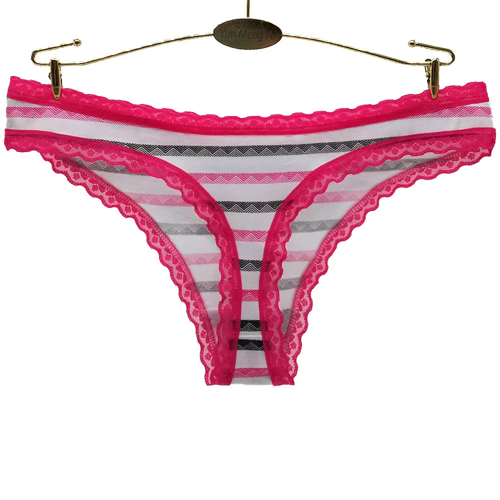 Sexy Thongs Cotton Basic Underwear Women Low Waisted Striped Lace T-back G-strings Panties Ladies Knickers 5 pcs/Lot