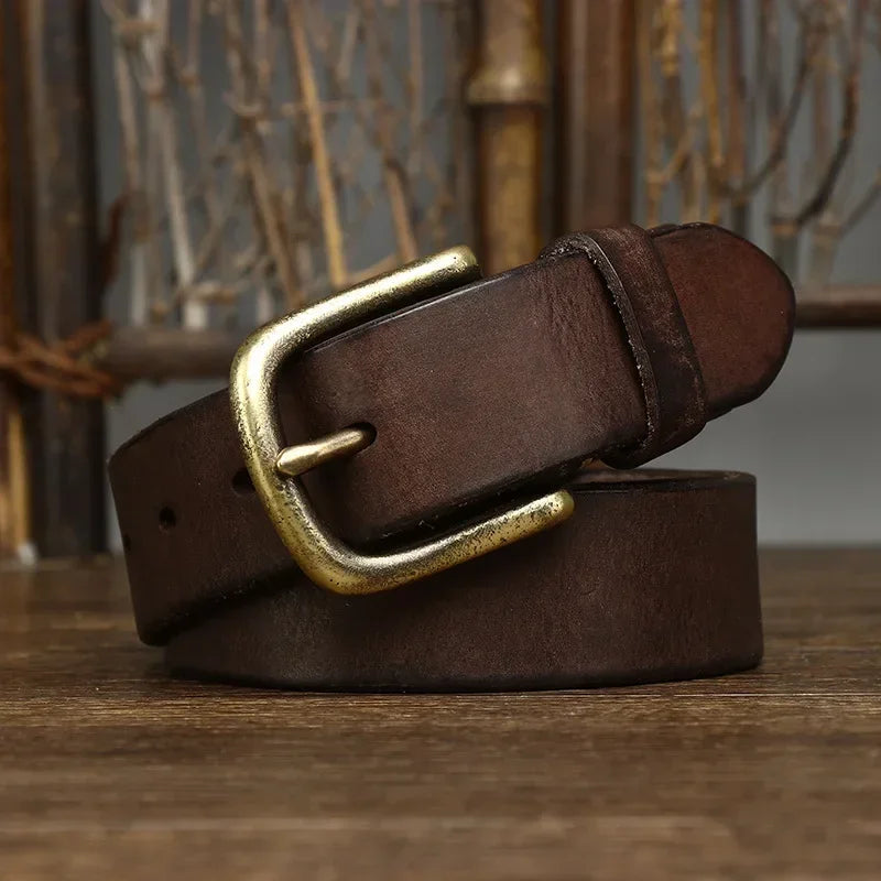 3.3CM Genuine Leather Belt Men Luxury Strap Male Fashion Pure Cowhide Copper Buckle Wild Classic Retro Pin Buckle High Quality
