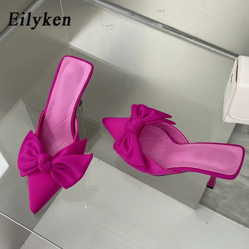 Eilyken Autumn Big Butterfly-knot Women Slippers Sandals Shallow Pointed Toe Mules High Heel Pumps Ladies Shoes