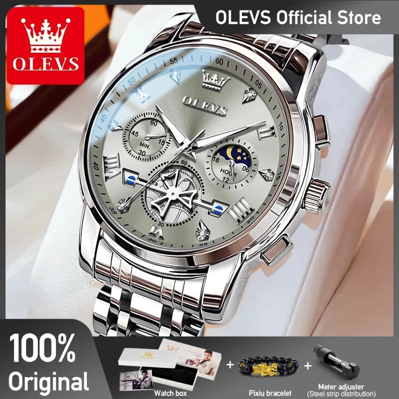 OLEVS Men's Watches Classic Multifunctional Fltwheel Chronograph Original Quartz Wristwatch Moon Phase 24 Hour Waterproof reloj