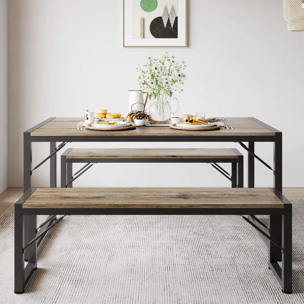 45.5" Dining Table Set for 4, Kitchen Table Set with 2 Benches, Dining Room Table Set with Metal Frame & MDF Board