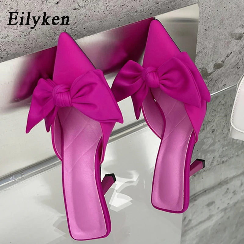 Eilyken Autumn Big Butterfly-knot Women Slippers Sandals Shallow Pointed Toe Mules High Heel Pumps Ladies Shoes