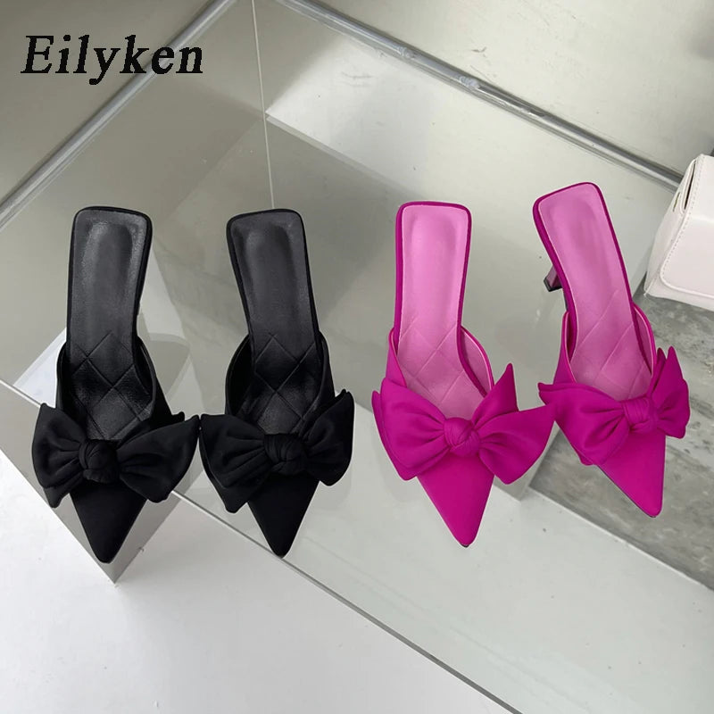 Eilyken Autumn Big Butterfly-knot Women Slippers Sandals Shallow Pointed Toe Mules High Heel Pumps Ladies Shoes