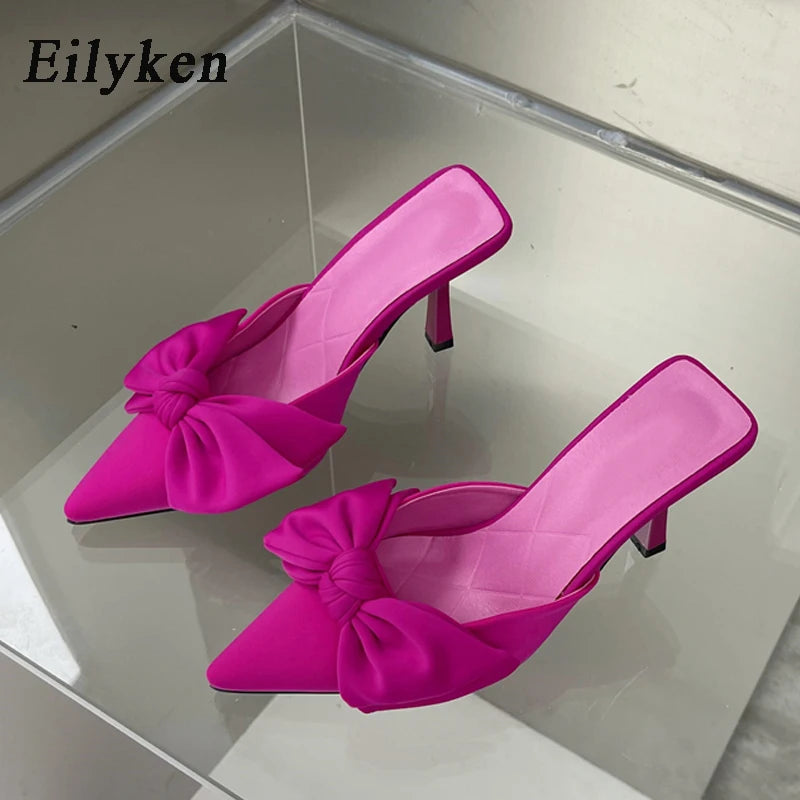 Eilyken Autumn Big Butterfly-knot Women Slippers Sandals Shallow Pointed Toe Mules High Heel Pumps Ladies Shoes