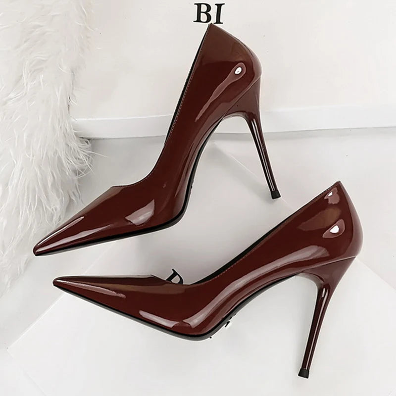 Women 10cm High Heels Nude Pumps Wedding Bridal Stiletto Wedding Sexy Wine Red Heels Lady Scarpins Office Party Shoes