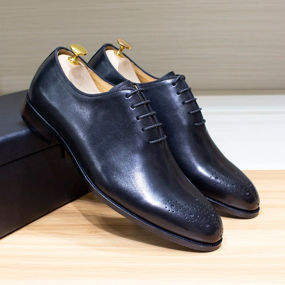 Genuine Leather Mens Formal Shoes Handmade Classic Whole Cut Oxfords Business Lace-up Plain Toe Wedding Dress Shoes for Men