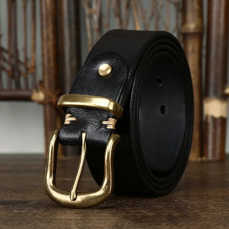 3.8CM Pure Cowhide Genuine Leather for Men High Quality Jeans Brass Buckle Belts Cowboy Waistband Male Fashion Designer Luxury