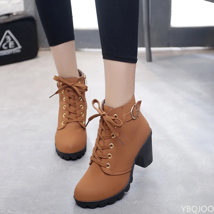 Women's Ankle Boots Autumn High Heel Belt Buckle Shoes Women Lace Up Platform Boots Women Boots 42 Botas De Mujerv