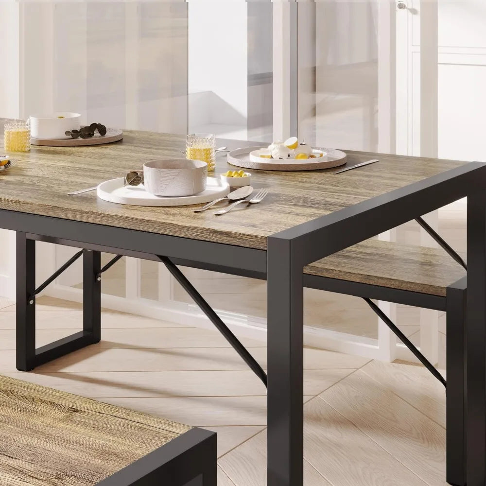 45.5" Dining Table Set for 4, Kitchen Table Set with 2 Benches, Dining Room Table Set with Metal Frame & MDF Board