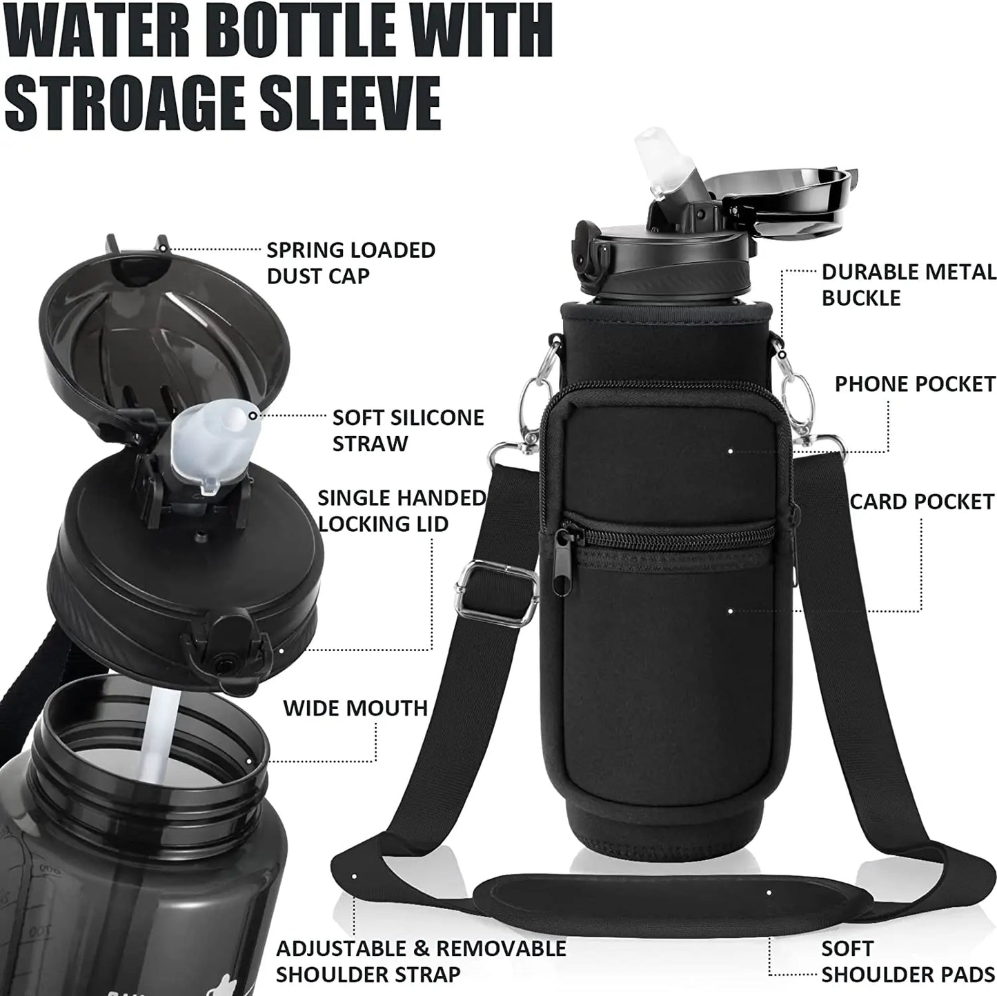 32 oz Water Bottle with Sleeve - BPA Free Leakproof 1L Water Bottle with Straw & Strap & Holder Carrier Bag for Kids Women Men