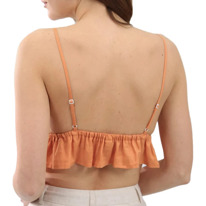 100% Linen White Top For Women Sexy Sleeveless Ruffles Summer Holiday Beach Crop Top Female Cute Tops Haut Femme