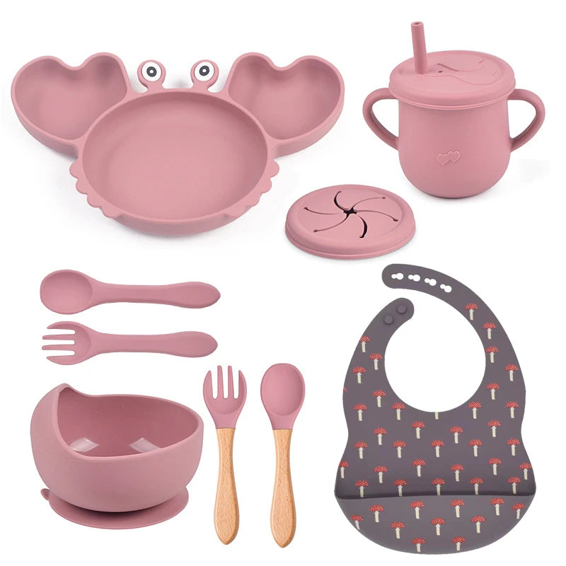 9Pcs Baby Silicone Non-Slip Suction Bowl Plate Spoon Waterproof Bib Cup Set Baby Crab Dishes Food Feeding Bowl for Kids BPA Free