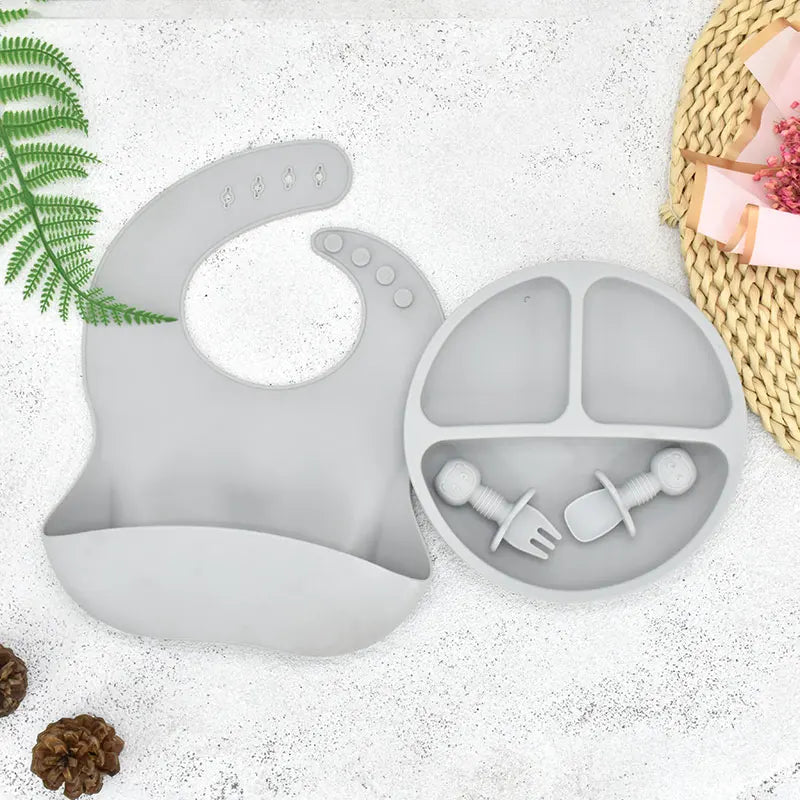 4Pcs/Set Baby Safe Silicone Dining Plate Solid Cute Cartoon Children Dishes Smile Face Baby Tableware Set Retro Kids Plate
