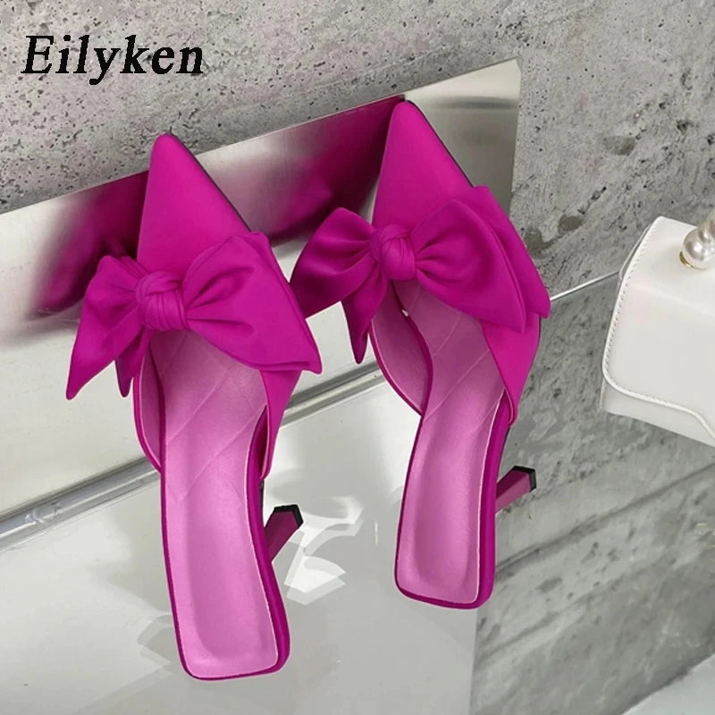 Eilyken Autumn Big Butterfly-knot Women Slippers Sandals Shallow Pointed Toe Mules High Heel Pumps Ladies Shoes