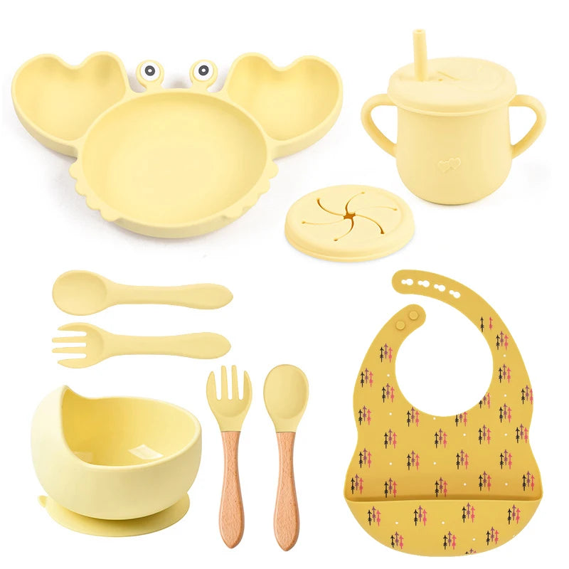 9Pcs Baby Silicone Non-Slip Suction Bowl Plate Spoon Waterproof Bib Cup Set Baby Crab Dishes Food Feeding Bowl for Kids BPA Free