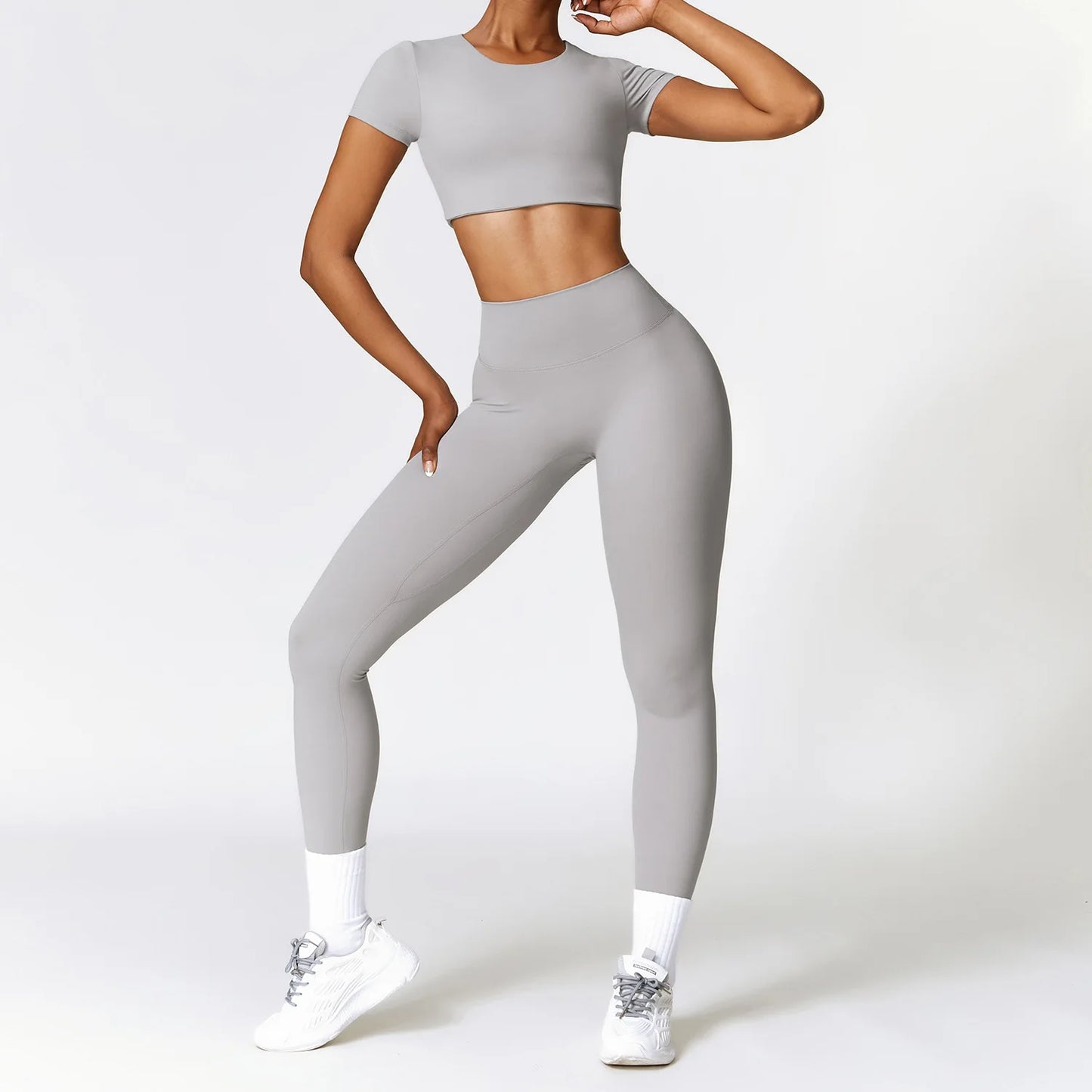 2PCS Seamless Yoga Set Women Workout Set Sportswear Gym Clothing Fitness Long Sleeve Crop Top High Waist Leggings Sports Suits