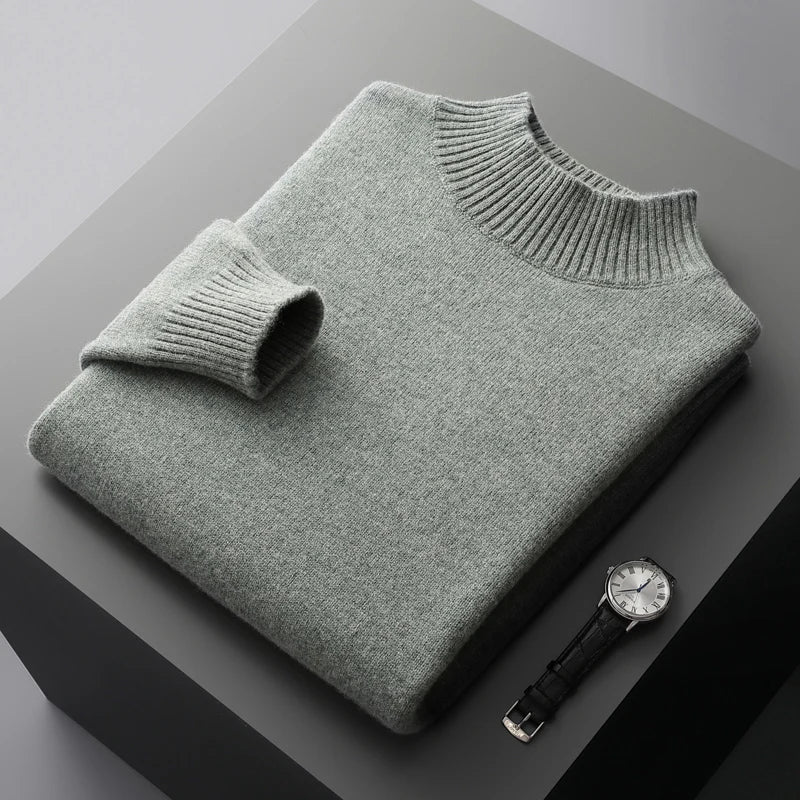 100% Pure Wool Cashmere Sweater Men's Half Turtleneck Pullover Casual Fashion Thickening Tops Knit Loose Patchwork Men's Jacket