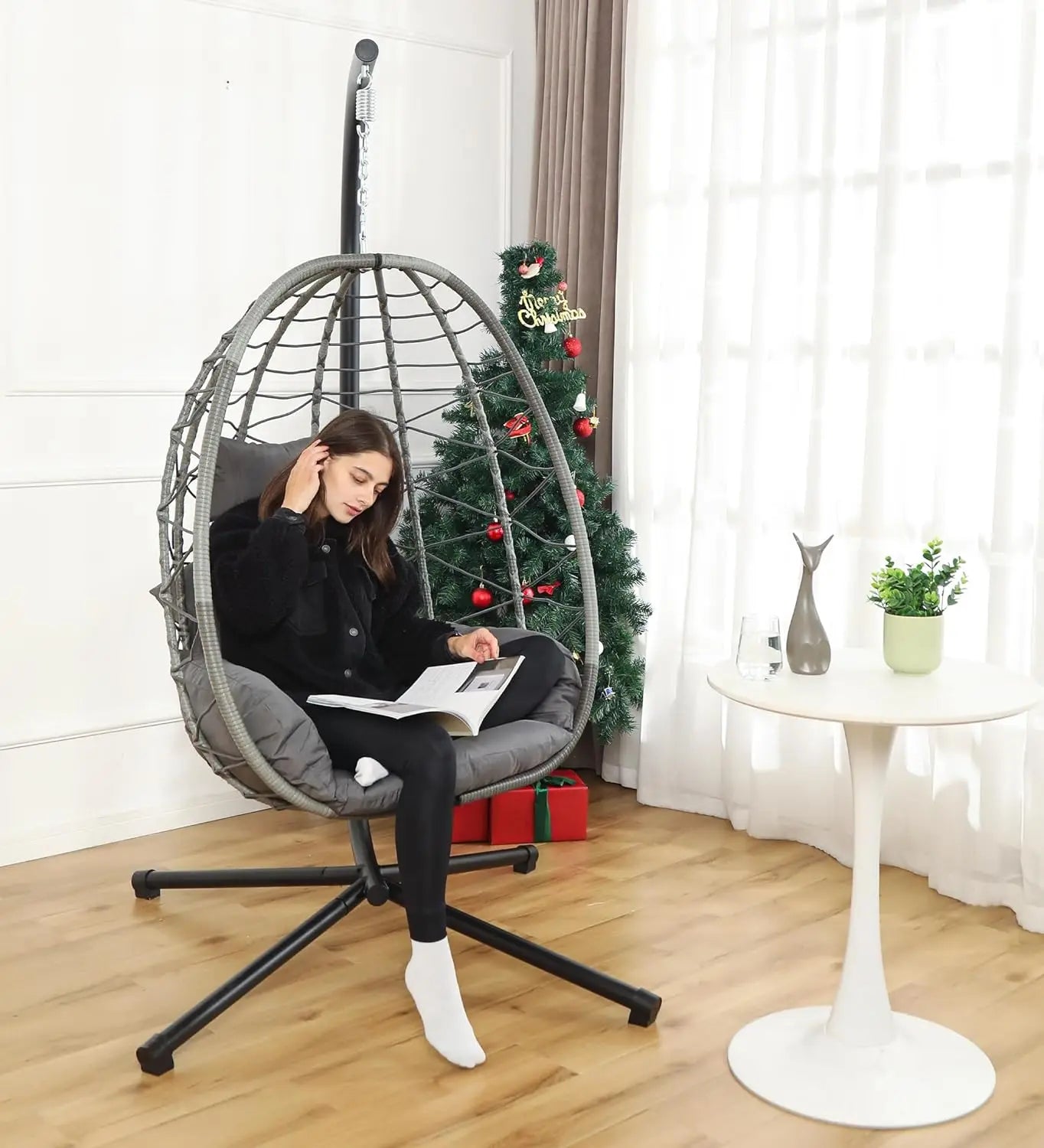 Egg Chair with Stand, Hammock Hanging Chair Nest Basket & Washable Cushions UV Resistant Removable,350LBS Capacity Egg Chair