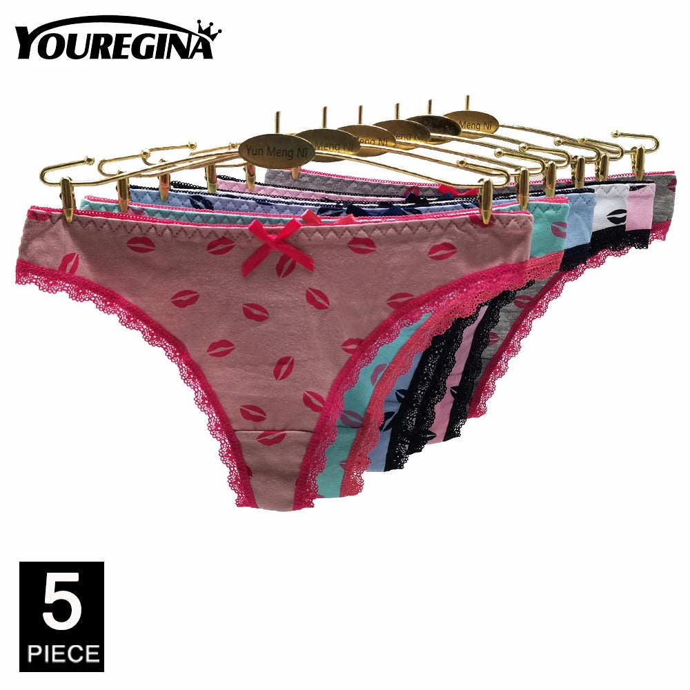 Sexy Thongs Cotton Basic Underwear Women Low Waisted Striped Lace T-back G-strings Panties Ladies Knickers 5 pcs/Lot