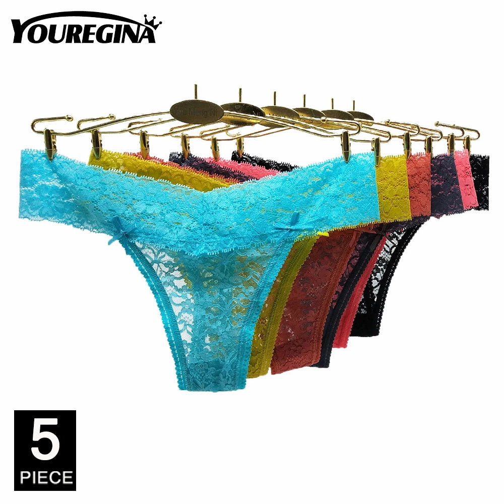 Sexy Thongs Cotton Basic Underwear Women Low Waisted Striped Lace T-back G-strings Panties Ladies Knickers 5 pcs/Lot