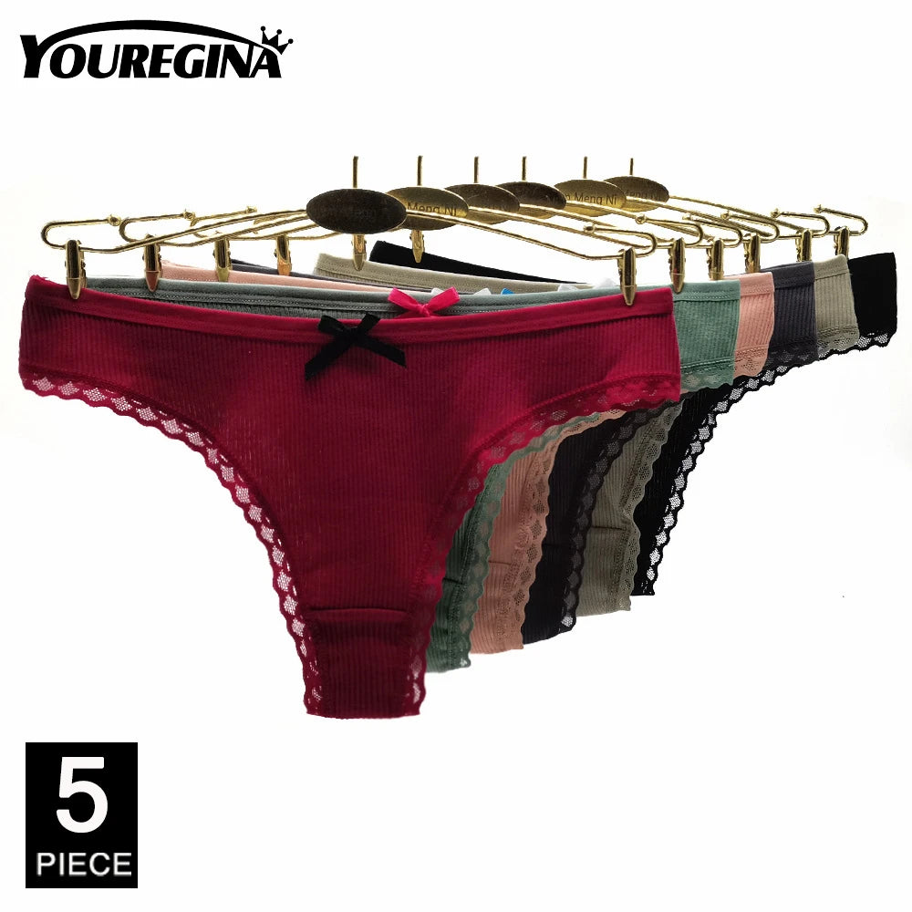 Sexy Thongs Cotton Basic Underwear Women Low Waisted Striped Lace T-back G-strings Panties Ladies Knickers 5 pcs/Lot