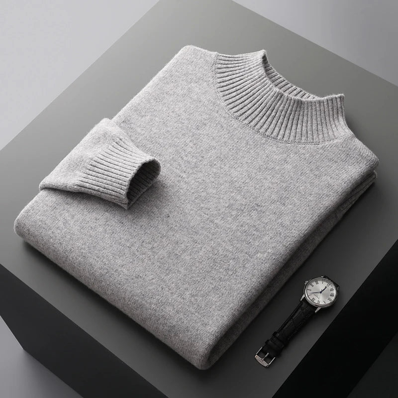 100% Pure Wool Cashmere Sweater Men's Half Turtleneck Pullover Casual Fashion Thickening Tops Knit Loose Patchwork Men's Jacket