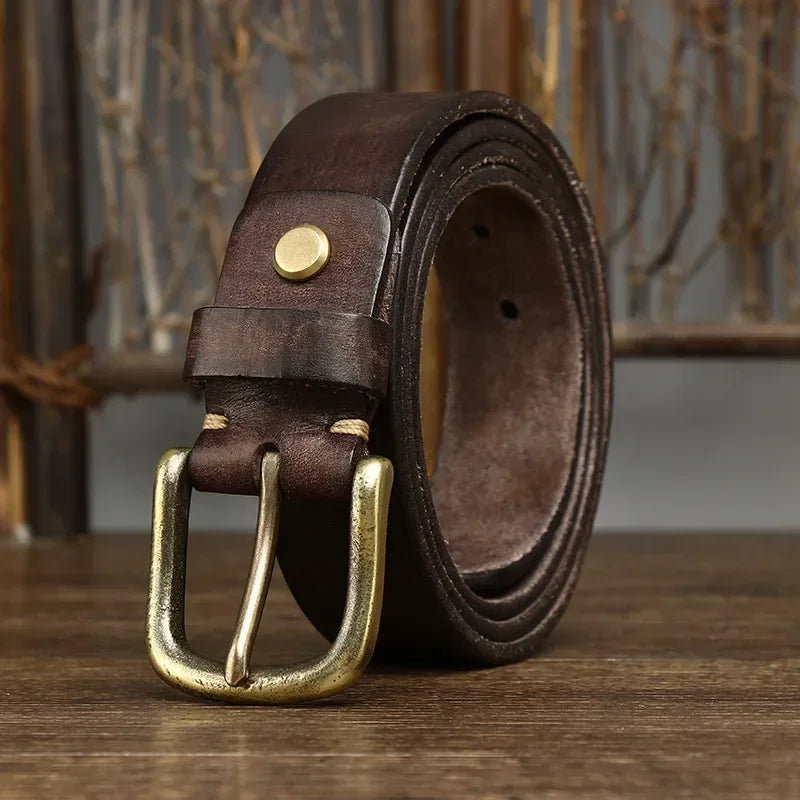 3.3CM Genuine Leather Belt Men Luxury Strap Male Fashion Pure Cowhide Copper Buckle Wild Classic Retro Pin Buckle High Quality