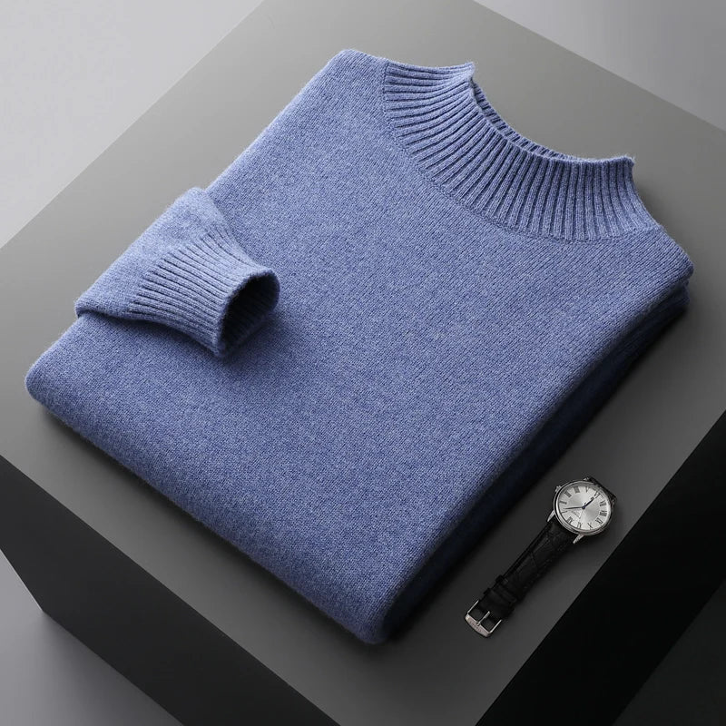 100% Pure Wool Cashmere Sweater Men's Half Turtleneck Pullover Casual Fashion Thickening Tops Knit Loose Patchwork Men's Jacket
