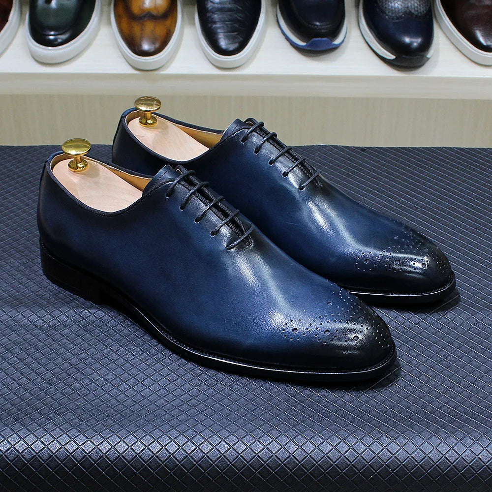 Genuine Leather Mens Formal Shoes Handmade Classic Whole Cut Oxfords Business Lace-up Plain Toe Wedding Dress Shoes for Men