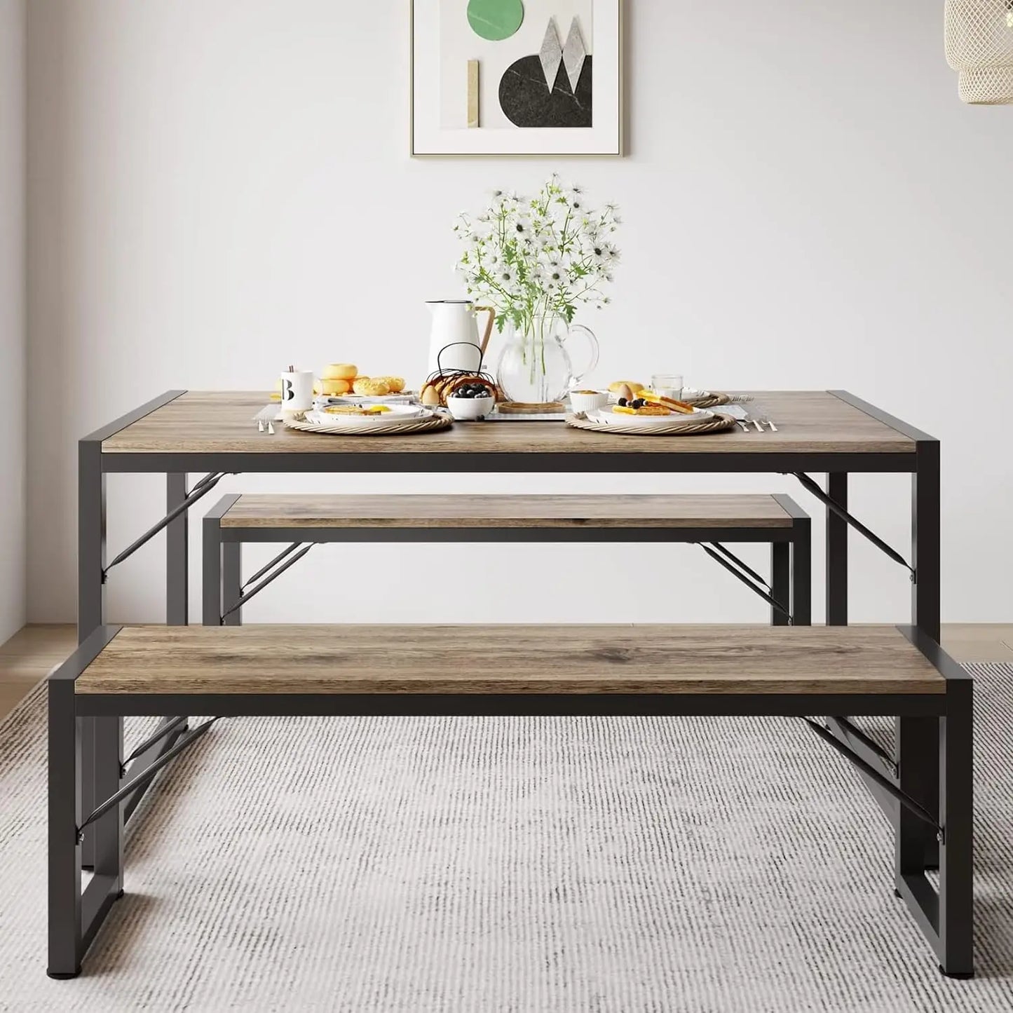 45.5" Dining Table Set for 4, Kitchen Table Set with 2 Benches, Dining Room Table Set with Metal Frame & MDF Board