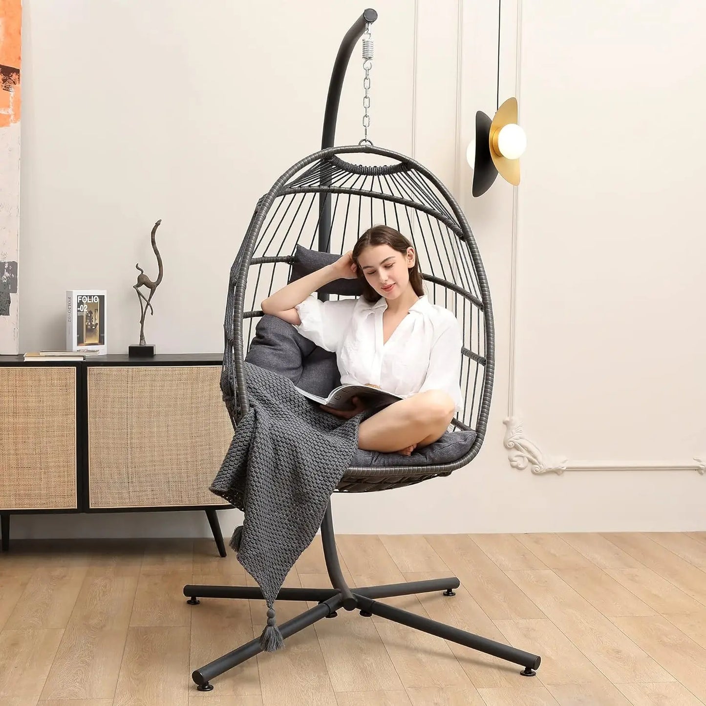 Egg Chair with Stand, Hammock Hanging Chair Nest Basket & Washable Cushions UV Resistant Removable,350LBS Capacity Egg Chair