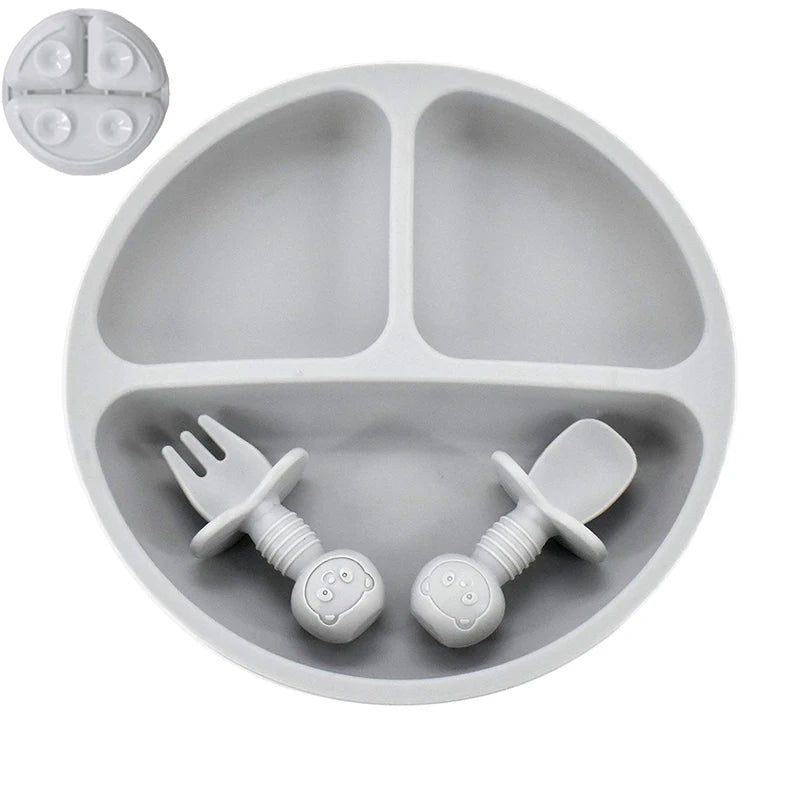 4Pcs/Set Baby Safe Silicone Dining Plate Solid Cute Cartoon Children Dishes Smile Face Baby Tableware Set Retro Kids Plate
