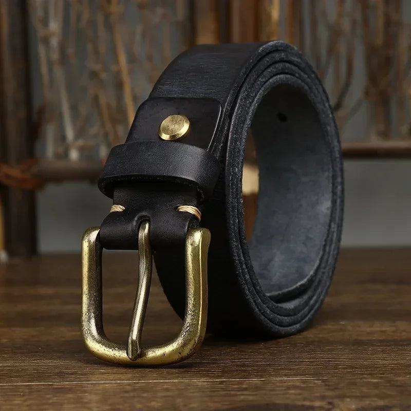 3.3CM Genuine Leather Belt Men Luxury Strap Male Fashion Pure Cowhide Copper Buckle Wild Classic Retro Pin Buckle High Quality