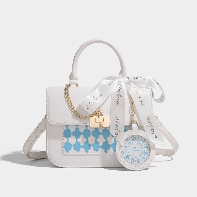 JIAERDI Sweet Bow-knot Handbags Women Japanese Kawaii Lolita Square Crossbody Bags Ladies Chessboard Diamond Grid Black Itabag