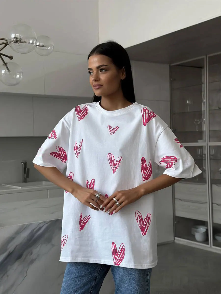 Bornladies Casual O-neck heart Print Women T-shirt Summer Short Sleeve Loose Cotton Female Basic Tops Shirt Tees women clothes